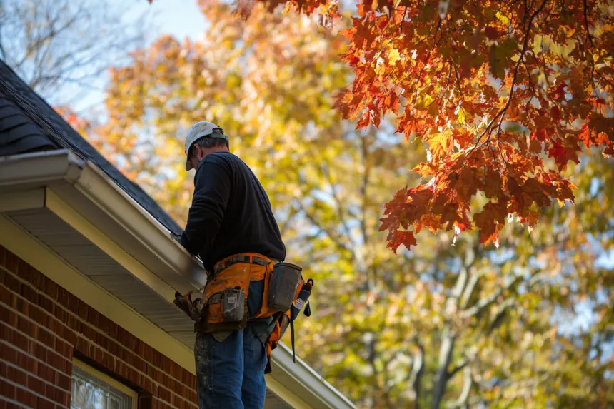 Gutter installer securing a seamless gutter run on a brick home